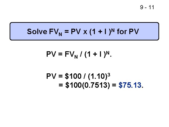 9 - 11 Solve FVN = PV x (1 + I )N for PV