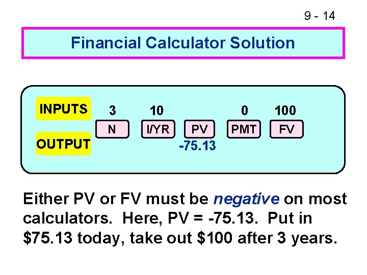 9 - 14 Financial Calculator Solution INPUTS OUTPUT 3 10 N I/YR PV 0