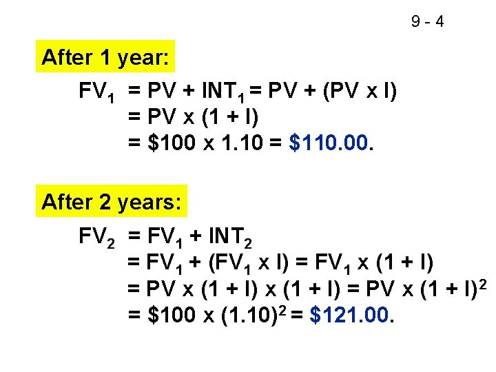 9 -4 After 1 year: FV 1 = PV + INT 1 = PV