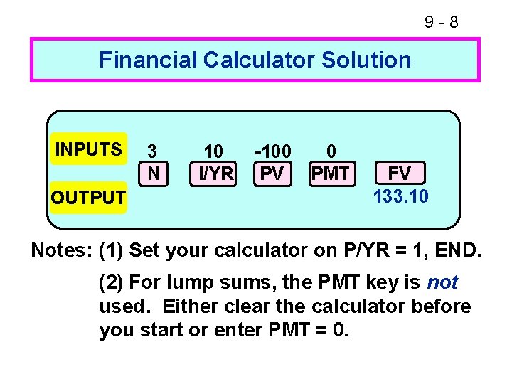 9 -8 Financial Calculator Solution INPUTS OUTPUT 3 N 10 I/YR -100 PV 0