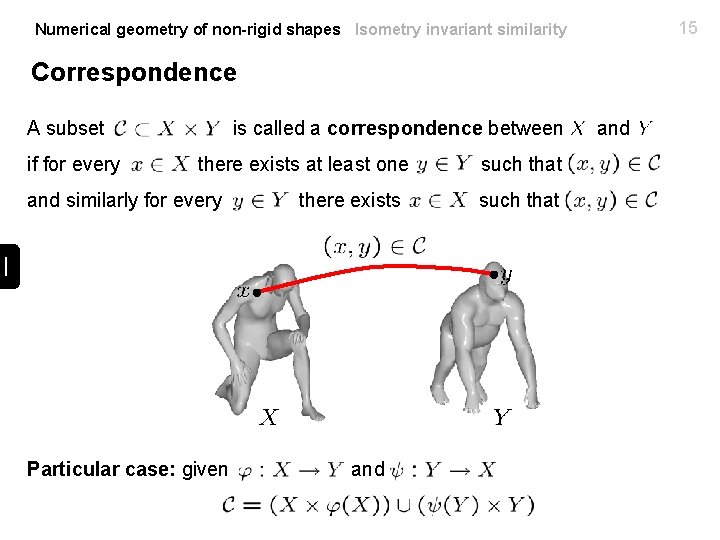 15 Numerical geometry of non-rigid shapes Isometry invariant similarity Correspondence A subset if for