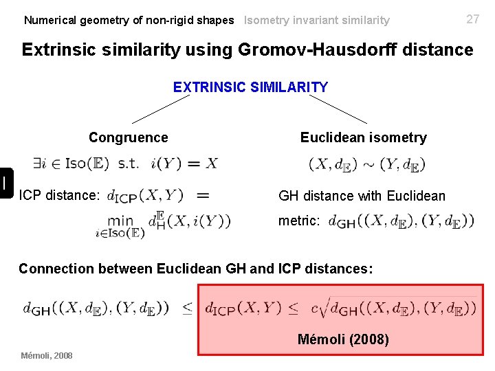 Numerical geometry of non-rigid shapes Isometry invariant similarity 27 Extrinsic similarity using Gromov-Hausdorff distance