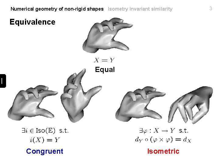 Numerical geometry of non-rigid shapes Isometry invariant similarity Equivalence Equal Congruent Isometric 3 