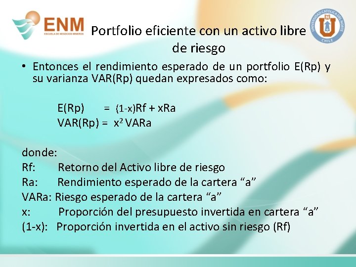 Portfolio eficiente con un activo libre de riesgo • Entonces el rendimiento esperado de