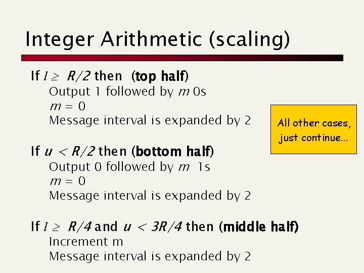 Integer Arithmetic (scaling) If l R/2 then (top half) Output 1 followed by m