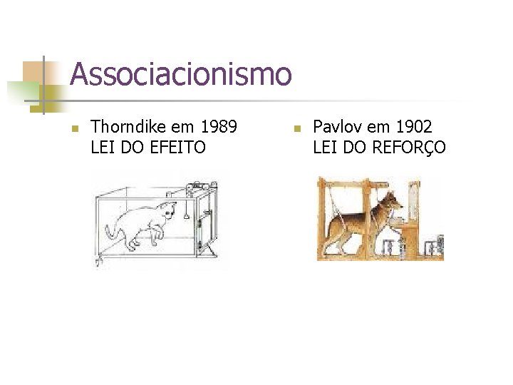 Associacionismo n Thorndike em 1989 LEI DO EFEITO n Pavlov em 1902 LEI DO