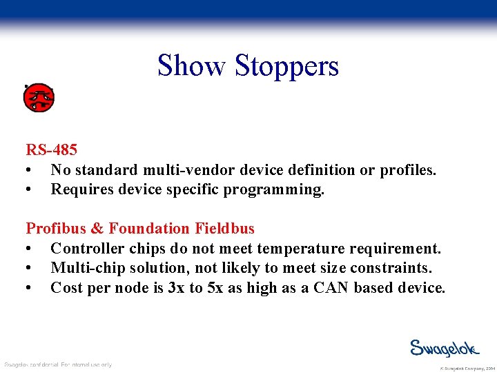 Show Stoppers RS-485 • No standard multi-vendor device definition or profiles. • Requires device