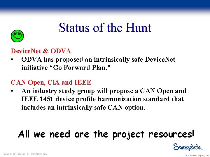 Status of the Hunt Device. Net & ODVA • ODVA has proposed an intrinsically
