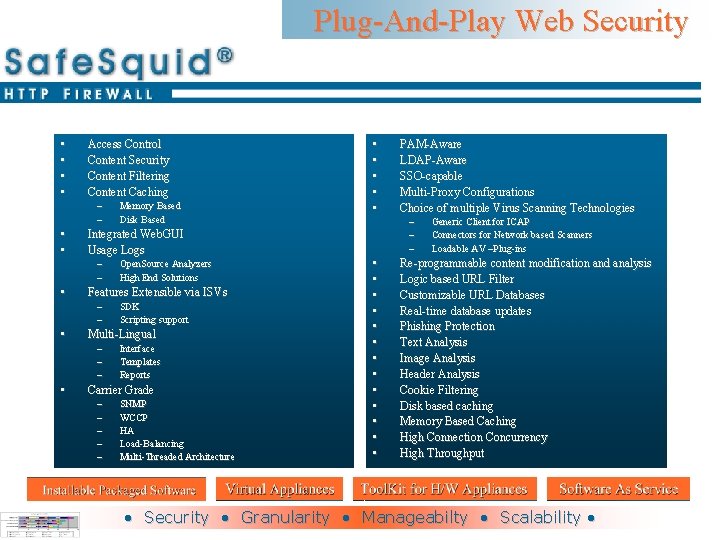 Plug-And-Play Web Security • • Access Control Content Security Content Filtering Content Caching –