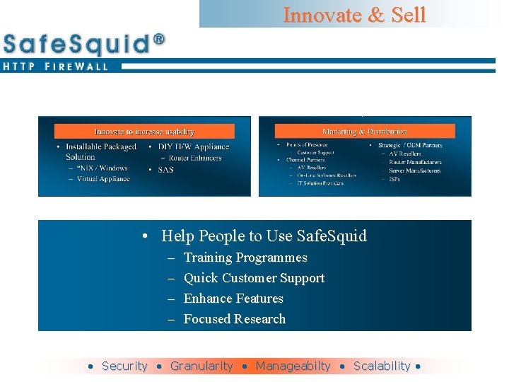 Innovate & Sell • Help People to Use Safe. Squid – – Training Programmes