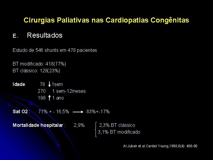 Cirurgias Paliativas nas Cardiopatias Congênitas E. Resultados Estudo de 546 shunts em 478 pacientes