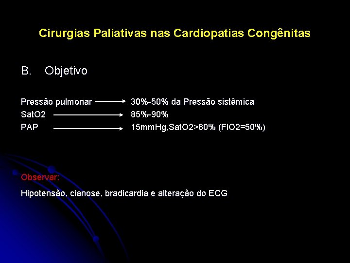 Cirurgias Paliativas nas Cardiopatias Congênitas B. Objetivo Pressão pulmonar Sat. O 2 PAP 30%-50%