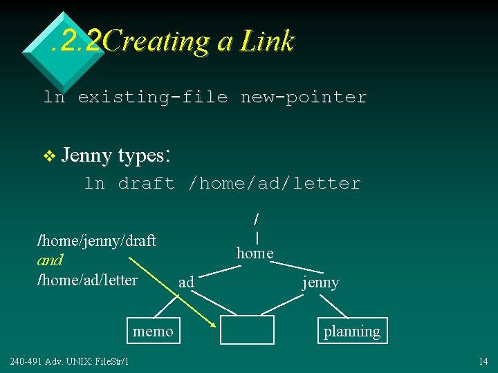 . 2. 2 Creating a Link ln existing-file new-pointer v Jenny types: ln draft