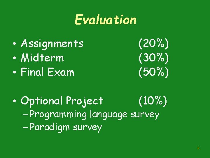 Evaluation • Assignments • Midterm • Final Exam (20%) (30%) (50%) • Optional Project Evaluation • Assignments • Midterm • Final Exam (20%) (30%) (50%) • Optional Project