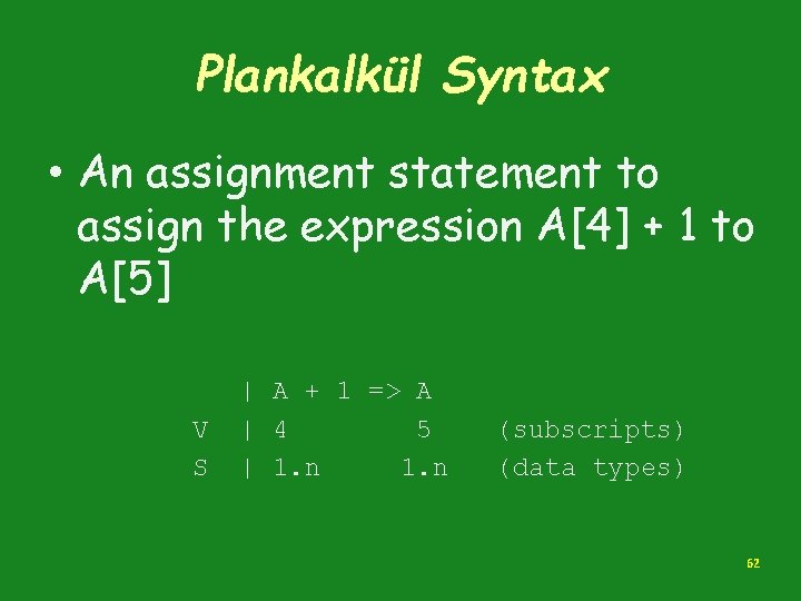 Plankalkül Syntax • An assignment statement to assign the expression A[4] + 1 to