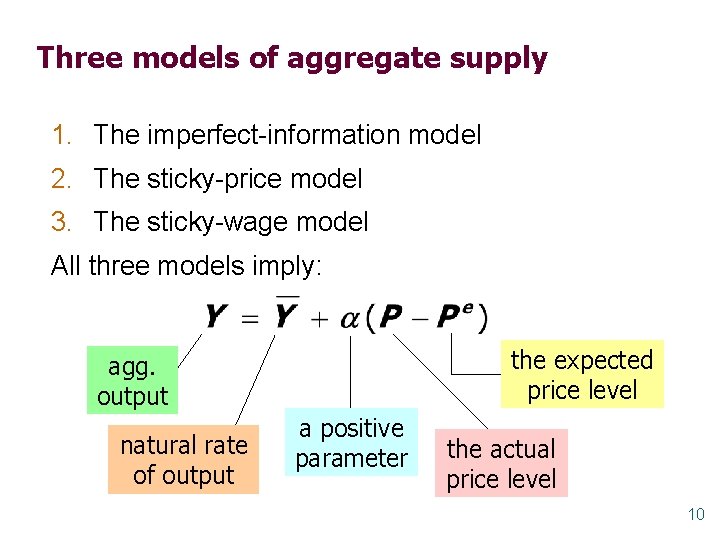 Three models of aggregate supply 1. The imperfect-information model 2. The sticky-price model 3.