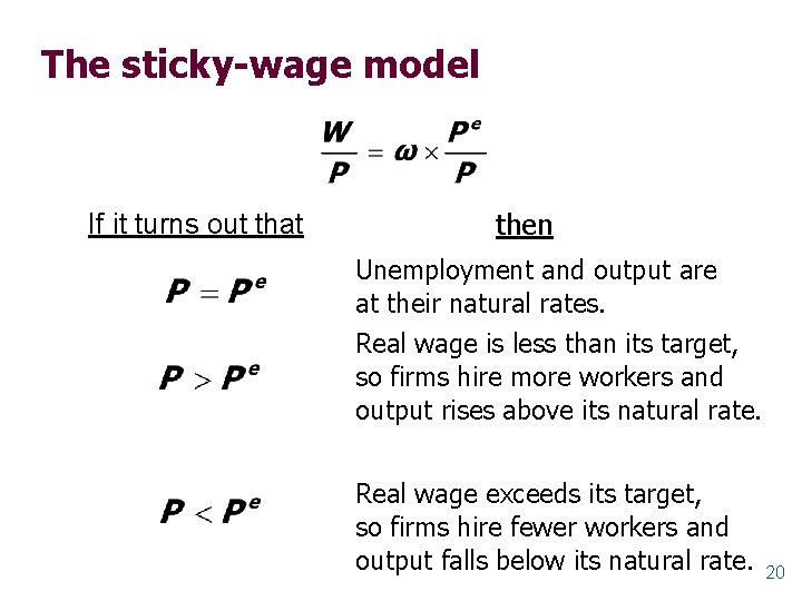The sticky-wage model If it turns out that then Unemployment and output are at