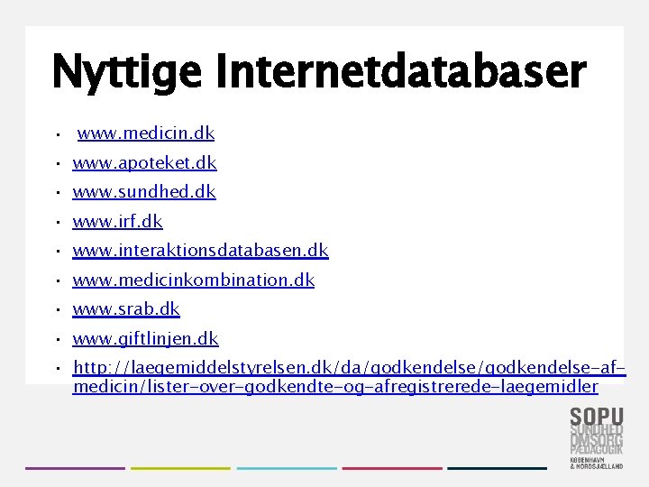 Nyttige Internetdatabaser • www. medicin. dk • www. apoteket. dk • www. sundhed. dk