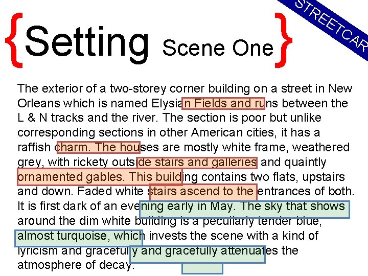 {Setting ST Scene One } RE ET CA R The exterior of a two