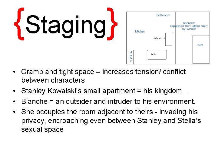 {Staging} • Cramp and tight space – increases tension/ conflict between characters • Stanley