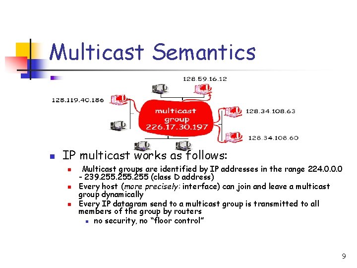 Multicast Semantics n IP multicast works as follows: n n n Multicast groups are