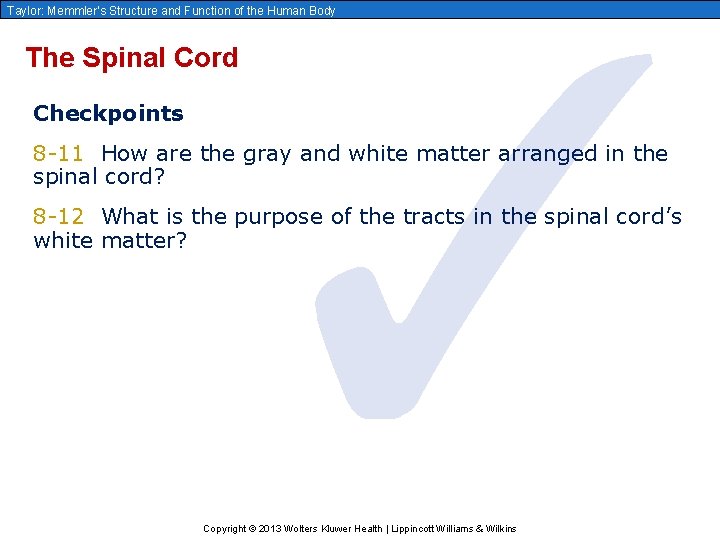 ✓ Taylor: Memmler’s Structure and Function of the Human Body The Spinal Cord Checkpoints