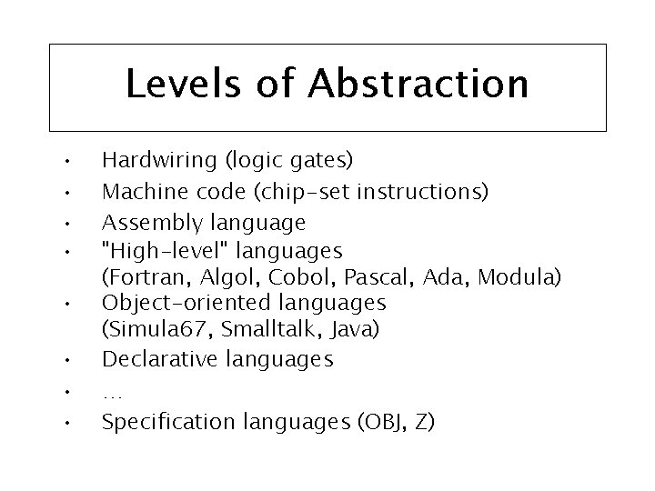 Levels of Abstraction • • Hardwiring (logic gates) Machine code (chip-set instructions) Assembly language