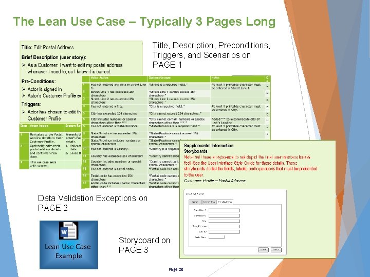 The Lean Use Case – Typically 3 Pages Long Title, Description, Preconditions, Triggers, and