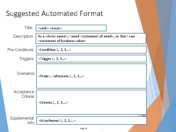 Suggested Automated Format Title: <verb> <noun> Description: As a <Actor name>, I need <statement