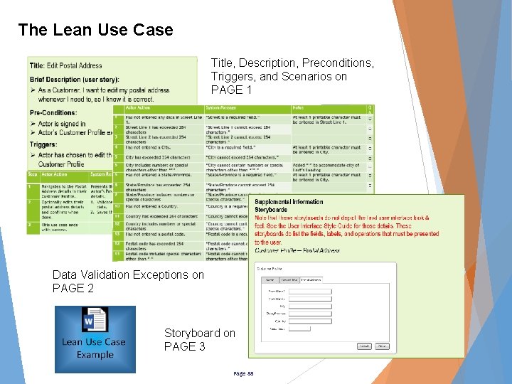The Lean Use Case Title, Description, Preconditions, Triggers, and Scenarios on PAGE 1 Data