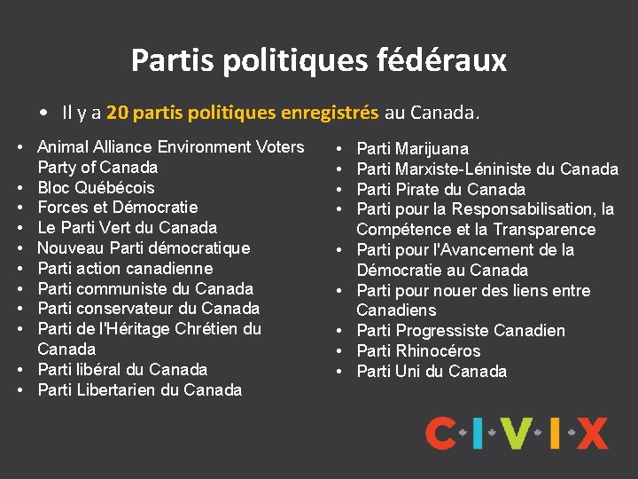 Partis politiques fédéraux • Il y a 20 partis politiques enregistrés au Canada. •