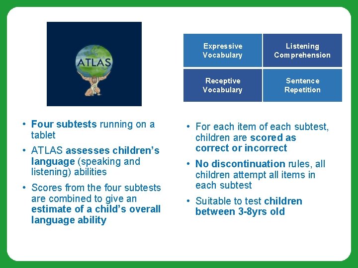  • Four subtests running on a tablet • ATLAS assesses children’s language (speaking