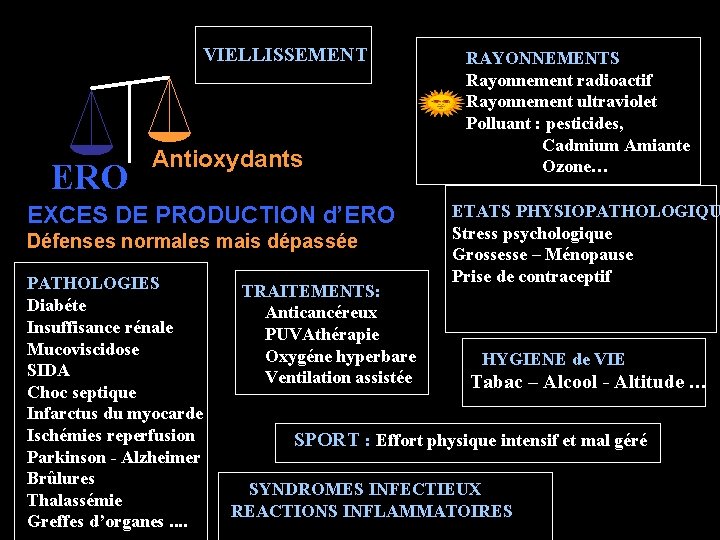 VIELLISSEMENT ERO Antioxydants EXCES DE PRODUCTION d’ERO Défenses normales mais dépassée PATHOLOGIES Diabéte Insuffisance