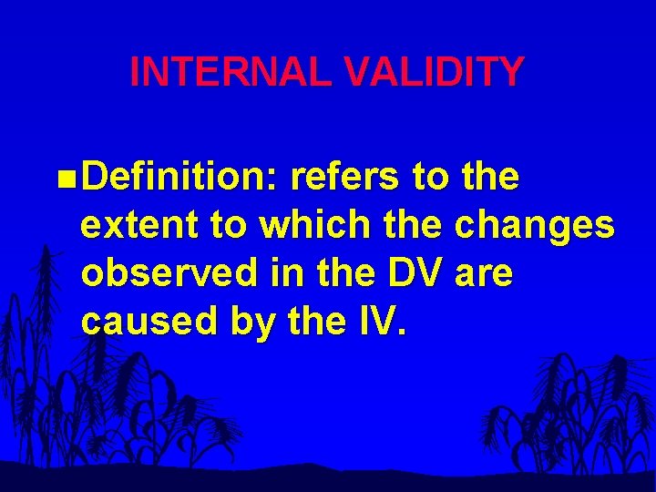 INTERNAL VALIDITY n Definition: refers to the extent to which the changes observed in