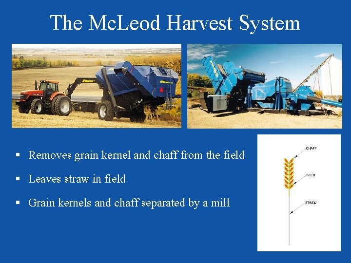 The Mc. Leod Harvest System § Removes grain kernel and chaff from the field