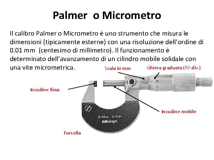 Palmer o Micrometro Il calibro Palmer o Micrometro è uno strumento che misura le Palmer o Micrometro Il calibro Palmer o Micrometro è uno strumento che misura le