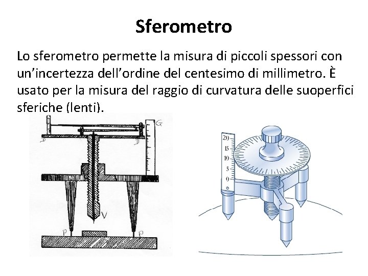 Sferometro Lo sferometro permette la misura di piccoli spessori con un’incertezza dell’ordine del centesimo Sferometro Lo sferometro permette la misura di piccoli spessori con un’incertezza dell’ordine del centesimo
