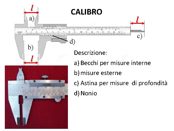 l a) b) l CALIBRO d) l c) Descrizione: a) Becchi per misure interne l a) b) l CALIBRO d) l c) Descrizione: a) Becchi per misure interne