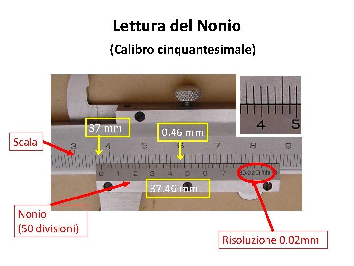 Lettura del Nonio (Calibro cinquantesimale) Scala 37 mm 0. 46 mm 37. 46 mm Lettura del Nonio (Calibro cinquantesimale) Scala 37 mm 0. 46 mm 37. 46 mm