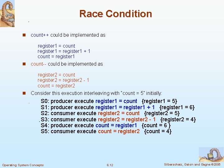 Race Condition n count++ could be implemented as register 1 = count register 1