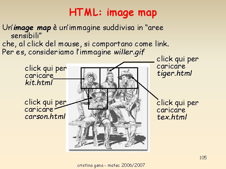 HTML: image map Un’image map è un’immagine suddivisa in “aree sensibili” che, al click HTML: image map Un’image map è un’immagine suddivisa in “aree sensibili” che, al click