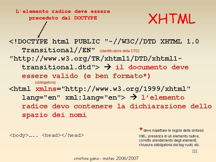 L’elemento radice deve essere preceduto dal DOCTYPE XHTML <!DOCTYPE html PUBLIC "-//W 3 C//DTD L’elemento radice deve essere preceduto dal DOCTYPE XHTML <!DOCTYPE html PUBLIC "-//W 3 C//DTD