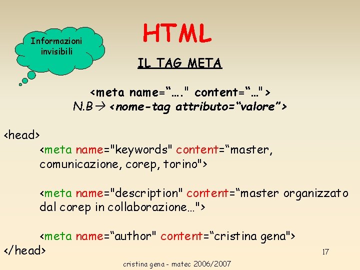 Informazioni invisibili HTML IL TAG META <meta name=“…. " content=“…"> N. B <nome-tag attributo=“valore”> Informazioni invisibili HTML IL TAG META <meta name=“…. " content=“…"> N. B <nome-tag attributo=“valore”>