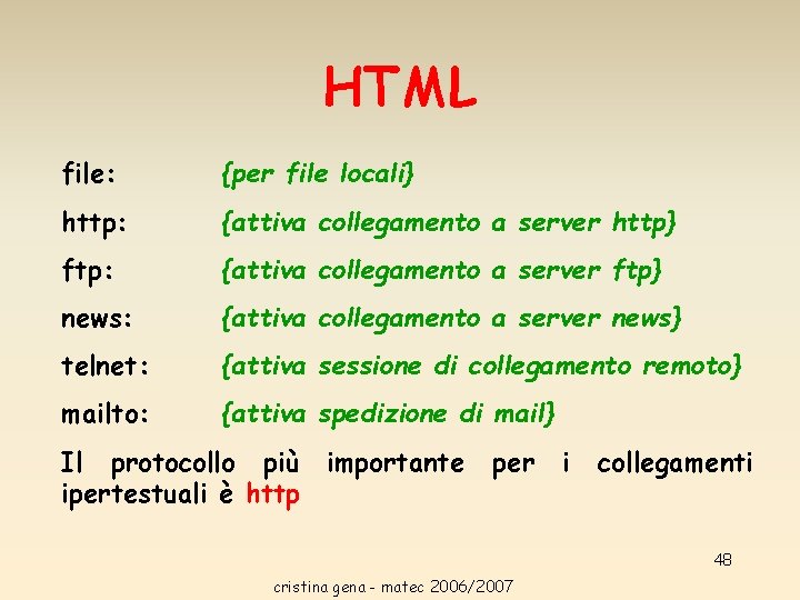 HTML file: {per file locali} http: {attiva collegamento a server http} ftp: {attiva collegamento HTML file: {per file locali} http: {attiva collegamento a server http} ftp: {attiva collegamento