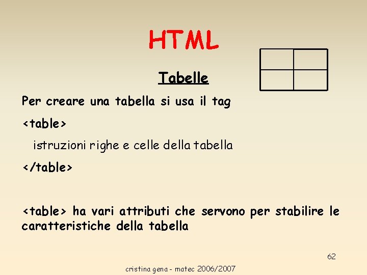 HTML Tabelle Per creare una tabella si usa il tag <table> istruzioni righe e HTML Tabelle Per creare una tabella si usa il tag <table> istruzioni righe e