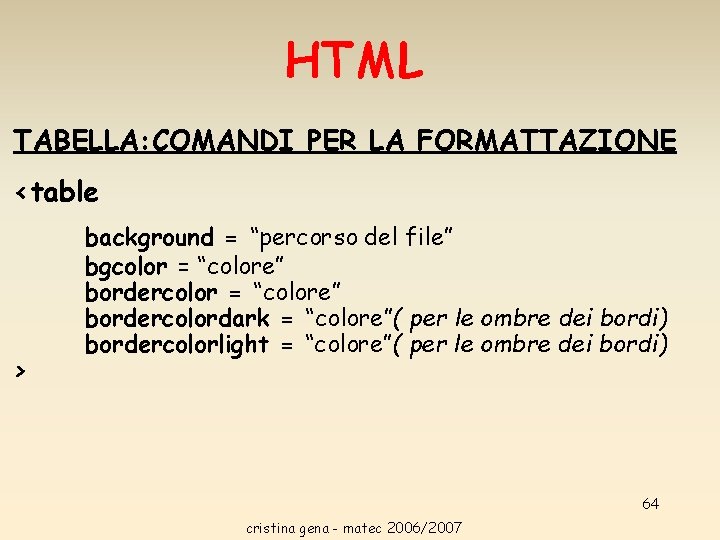 HTML TABELLA: COMANDI PER LA FORMATTAZIONE <table > background = “percorso del file” bgcolor HTML TABELLA: COMANDI PER LA FORMATTAZIONE <table > background = “percorso del file” bgcolor