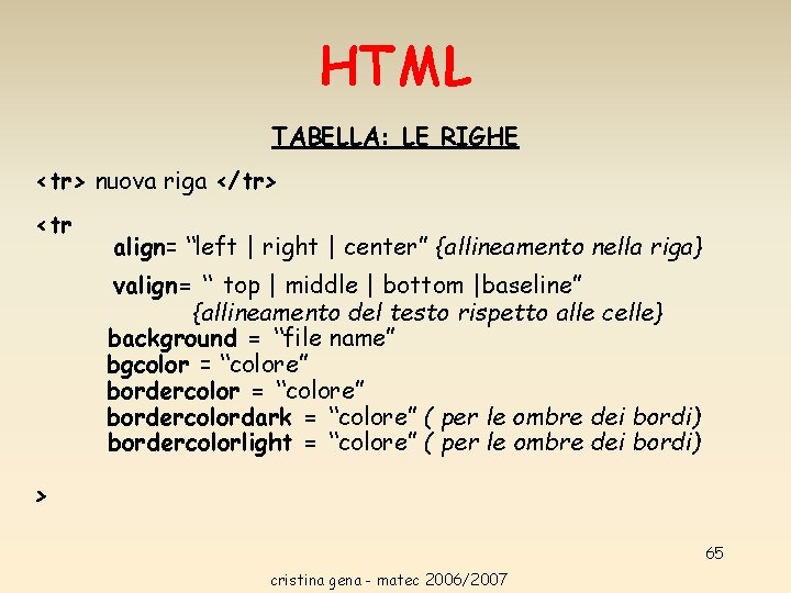 HTML TABELLA: LE RIGHE <tr> nuova riga </tr> <tr align= “left | right | HTML TABELLA: LE RIGHE <tr> nuova riga </tr> <tr align= “left | right |
