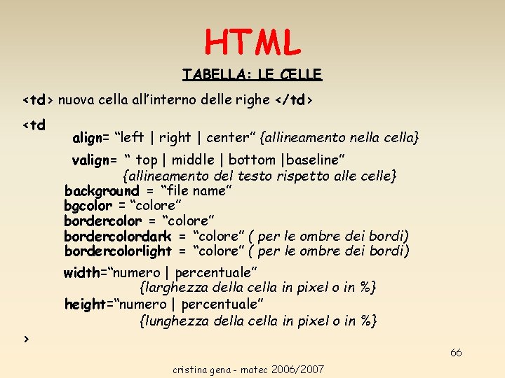 HTML TABELLA: LE CELLE <td> nuova cella all’interno delle righe </td> <td align= “left HTML TABELLA: LE CELLE <td> nuova cella all’interno delle righe </td> <td align= “left