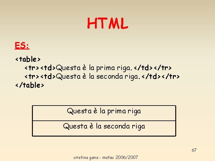 HTML ES: <table> <tr><td>Questa è la prima riga. </td></tr> <tr><td>Questa è la seconda riga. HTML ES: <table> <tr><td>Questa è la prima riga. </td></tr> <tr><td>Questa è la seconda riga.