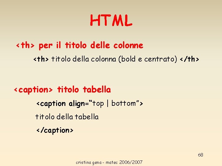 HTML <th> per il titolo delle colonne <th> titolo della colonna (bold e centrato) HTML <th> per il titolo delle colonne <th> titolo della colonna (bold e centrato)